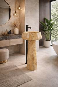 Lavabo Moderno de Piedra Natural Sobre Pedestal, Diseño Personalizado con Desagüe para Uso en Almacenes - Product Image 3