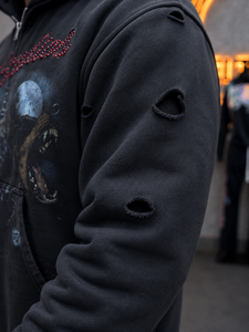 Sudadera con capucha negra para hombre, con cremallera, de punto oversize, manga regular, diseño de logo frontal, venta directa de fábrica, ropa de otoño - Product Image 4