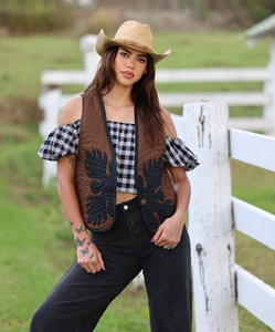 <b>Vintage</b> Western Brown Color SOLID Print Quilted Vest Contrast Hawaiian Jacket Leaf Motif Sleeveless V Neck For Daily Wear - Product Image 2