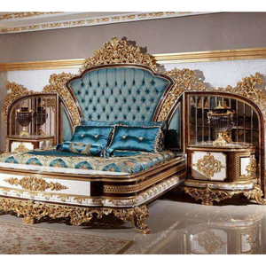 Ensemble de chambre à coucher de luxe de style baroque royal européen capitonné, avec armoire et table de chevet sculptées à la main en acajou, meubles anciens pour la maison - Product Image 1