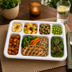 Plateau alimentaire en bagasse blanc robuste à 7 compartiments, assiette carrée jetable compostable et biodégradable pour service de mariage - Product Image 6