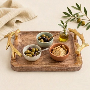 Handcrafted Rustic Mango Wood Serving Tray With Golden <b>Twig</b> Metal Handles Premium Rectangular <b>Decorative</b> Wood Platter On Sale - Product Image 5