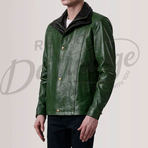 Veste en cuir vert émeraude pour homme avec col intérieur contrastant noir, en véritable peau de mouton, coupe ajustée, automne-hiver, style moto - Product Image 4