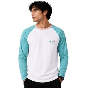 Camiseta de manga larga raglán blanca y azul aguamarina para hombre, de algodón premium, cuello redondo, informal, estilo béisbol, ropa personalizada OEM. - Product Image 1