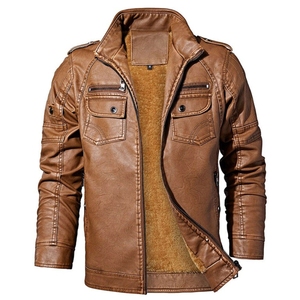 Men's Brown PU <b>Leather</b> <b>Jacket</b> Stand Collar Zipper Closure Lining Windproof Slim Fit OEM Service <b>Leather</b> <b>Jacket</b> For Sale - Product Image 1
