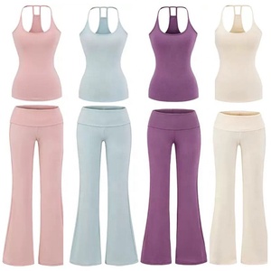 ชุดโยคะสีชมพูแบบมีลายริบ 10 ชิ้น เสื้อครอปท็อปสายเดี่ยวเอวสูงสำหรับผู้หญิง กางเกงเลกกิ้งสีพื้น ระบายอากาศได้ดี เหมาะสำหรับออกกำลังกาย - Product Image 5