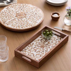 Juego de bandejas de madera rústicas hechas a mano, bandejas rectangulares decorativas de estilo bohemio con asas para decoración de mesa de centro o otomana. - Product Image 4