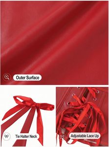 Women <b>Red</b> PU Leather Corset Waist Trainer Shapewear Lace Up Halter Neck Bow Bustier <b>Belt</b> - Product Image 6