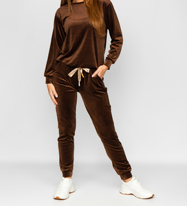 Conjunto Deportivo de Terciopelo Marrón para Mujer, Pantalones Largos de Color Sólido con Bolsillos Laterales y Cintura con Cordón, Ropa Casual de Otoño - Product Image 5