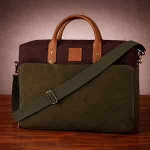 Porte-documents classique en toile pour ordinateur portable, couleur olive, sac de bureau professionnel durable avec poignées en cuir, bandoulière, grande capacité - Product Image 4