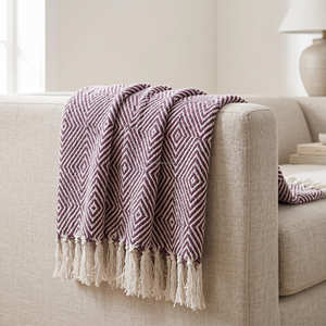 Neutral Recycled Cotton <b>Throw</b> Blanket with Subtle Linear Texture and Fringe <b>for</b> Sofa <b>Chair</b> and Relaxed Home Furnishing - Product Image 4