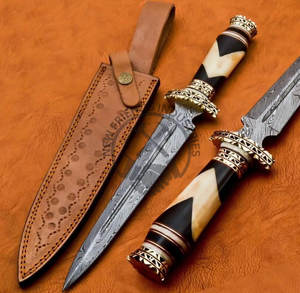 Nuevo Cuchillo de Hoja Fija de Acero de Damasco de Doble Filo, Cuchillo de Caza Dogger, Cuchillo de Caza Coleccionable con Mango Ornamentado, Cuchillo de Supervivencia - Product Image 4