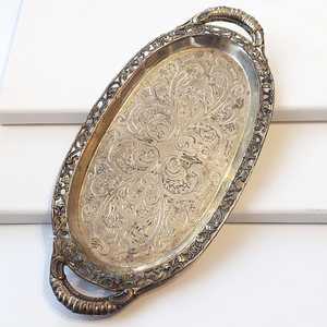 Vintage Silverplate Metal Serving <b>Tray</b> with Handles <b>Small</b> Oval Ornate Floral Design Vanity Decor - Product Image 1