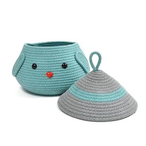Customised Handwoven Unique Kids Bohemian Style Round Shape Rattan Eco Friendly Storage Basket Blue Chicken Cute Design Candy - Product Image 3
