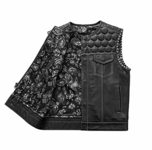 Men's Honeycomb Quilted <b>Black</b> Leather Motorcycle Biker <b>Vest</b> with Paisley Lining Concealed Carry Riding Waistcoat - Product Image 3