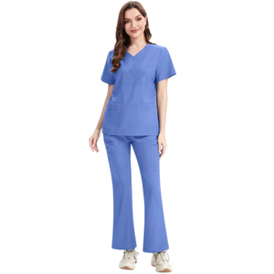 Ensemble de blouses médicales pour femmes, col en V, manches courtes, plusieurs poches, haut et pantalon évasé, extensible, uniforme de travail pour les soignants - Product Image 5