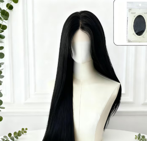 Perruque synthétique longue noire droite avec frange latérale, coupe dégradée, pour usage quotidien, en fibre résistante à la chaleur, pour femmes - Product Image 2