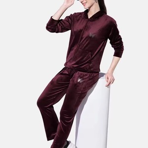 Fleece Solid Eco-Friendly Breathable Embroidered Anti-Pilling Jacket Set Polyester Regular Fit Velvet <b>Tracksuits</b> <b>Velour</b> Cropped - Product Image 5