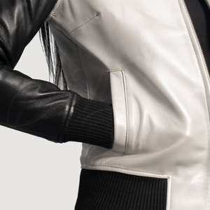 Women White and Black Genuine Leather <b>Bomber</b> <b>Jacket</b> Slim Fit Two Tone Premium Sheepskin Casual Winter Outerwear Fashion Coat - Product Image 2