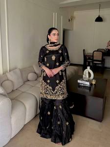 Black Chinon <b>Silk</b> Sharara <b>Kurta</b> Set Chinon <b>Silk</b> Sequence & Zari Embroidery Work Top and Sharara With Lace Border Work Dupatta - Product Image 3
