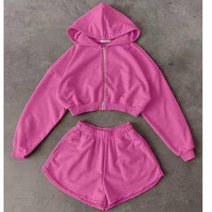 Latest Wholesale High Quality Custom Made Womens Cotton Spandex Casual Solid Breathable Crop Hoodie Shorts <b>Set</b> Zip for Wear - Product Image 6