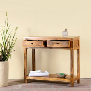 <b>Rustic</b> Handmade Solid Wood Adjustable Height <b>Console</b> <b>Table</b> with 2 Drawers 1 Shelf Modern Living Room Furniture Storage Cabinet - Product Image 2