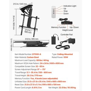 Supporto TV Elettrico Regolabile da Parete per TV da 32-65 Pollici, Supporto TV Motorizzato Ribaltabile da Soffitto - Product Image 6