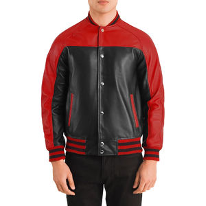 Men Genuine <b>Leather</b> <b>Winter</b> Streetwear Varsity Bomber <b>Jacket</b> Color Block Stand Collar Custom Logo Outerwear - Product Image 2