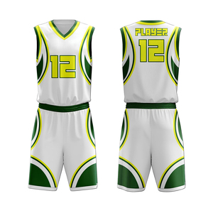 Conjunto de Uniforme de Baloncesto Personalizado sin Mangas, Unisex, Cuello en V, Blanco, Verde, Amarillo, Sublimado, Transpirable - Product Image 1