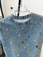 T-shirt en jean à sequins, col rond, manches courtes, coupe droite, style décontracté d'été, taille naturelle, style doux