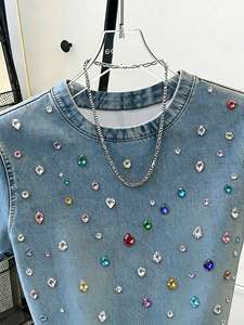Denim <b>Sequined</b> Embellished Crew Neck Short Sleeve T-Shirt Regular Fit Casual Summer <b>Top</b> Natural Waist Sweet Style - Product Image 3