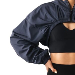 Women's Navy Blue Cropped Windbreaker <b>Jacket</b> Lightweight Full Zip Gym <b>Workout</b> Running Activewear Long Sleeve Sports <b>Jacket</b> - Product Image 2