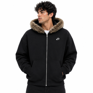 <b>Black</b> Faux Fur Hood <b>Men</b> <b>Hoodies</b> Full Zip Fleece Heavyweight Custom Logo Solid Color Streetwear Winter Wear Bulk <b>Hoodies</b> Supplier - Product Image 1