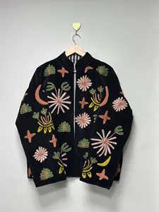 Handmade Black <b>Velvet</b> Suzani <b>Jacket</b> With Tropical Floral Embroidery Full Sleeve Stand Collar Bohemian <b>Women's</b> Winter Coat - Product Image 2