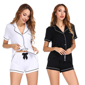 Conjunto de pijama de manga corta de color liso para mujer, con cuello abotonado y pantalones cortos con cordón, ropa informal de verano de algodón transpirable - Product Image 1