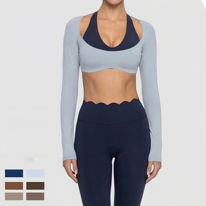 Conjunto de Ropa Deportiva para Gimnasio con Bordes Florales y Logotipo Personalizado, Conjunto de Yoga para Mujer, Top Halter de Manga Larga, Traje de Yoga para Entrenamiento al Aire Libre - Product Image 4