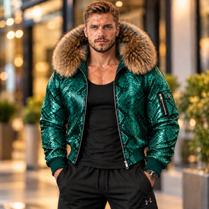 Men's Python Leather Motorcycle Outerwear <b>Fur</b> <b>Hood</b> Winter Fashion Zip <b>Jacket</b> | Herren Lederjacke | Chaqueta Hombre Cuero - Product Image 1