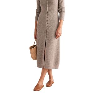 Cárdigan Largo Color Taupe para Mujer, con Botones al Frente, Cuello en V, Tejido de Punto Acanalado, Manga Larga, Largo Midi, Estilo Casual, con Logotipo Personalizado OEM - Product Image 5
