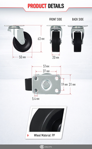 Roue pivotante en PP de 2 pouces (50 mm) pour usage léger avec plaque supérieure zinguée sans frein pour chariot de meubles - Product Image 2