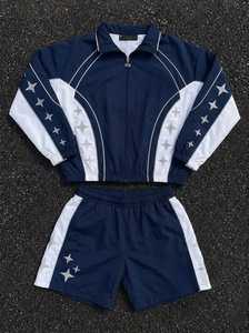 Unisex <b>Navy</b> White Color Block Tracksuit Set Zip Jacket Shorts Two Piece Activewear Casual Streetwear Lightweight Loose Fit - Product Image 4