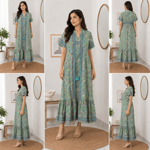 Premium Silk Maxi <b>Dress</b> Gown Free Size Ibiza Boho Mint Lavender Paisley Print with Flutter Sleeves for Women Beach Vacation Wear - Product Image 5