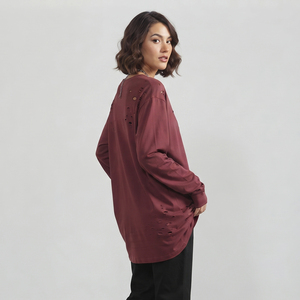 T-shirt à manches longues pour femme, style grunge vieilli, délavé à l'acide, coupe oversize, épaules tombantes, streetwear décontracté - Product Image 3