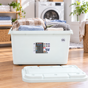Boîte de rangement rectangulaire en plastique PP de 120 L avec couvercle, organisateur de vêtements, roulettes, design minimaliste, robuste, sans BPA, écologique - Product Image 1