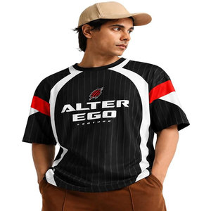 Camiseta de Manga Corta con Cuello en V para Hombre, Negra con Rayas Rojas y Blancas, 100% Algodón, Secado Rápido, Anti-Pilling - Product Image 1