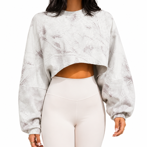 Sudadera extragrande de cuello redondo y corte cropped |   Sudadera corta de forro polar lavado con efecto tie-dye |   Ropa Urbana de Marca Privada OEM ODM - Product Image 5