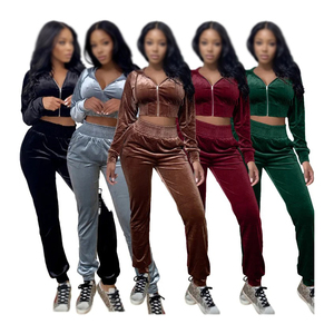 Women Black Velvet Tracksuit Set Hooded <b>Zipper</b> Crop <b>Top</b> Jogger Pants Full Sleeve Casual Autumn Wear Solid Color Breathable - Product Image 6