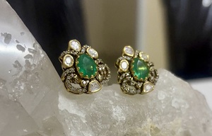<b>studs</b> earrings in green doublet and polki stone with gold plated for Indian women handmade jewelry for wedding <b>silver</b> 925 <b>studs</b> - Product Image 1