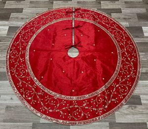 <b>Red</b> Embroidered Christmas Tree Skirt with Gold Vine Pattern and <b>Sequin</b> Trim Durable Holiday Decor Base Cover - Product Image 1