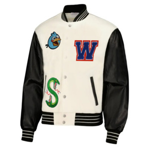 Chaqueta Letterman para Hombre, Bordada con el Logotipo W, Parches de Aves y Serpientes, Estilo HIGH STREET, Ropa de Invierno, Negra y Blanca, Corte Regular, Impermeable - Product Image 1
