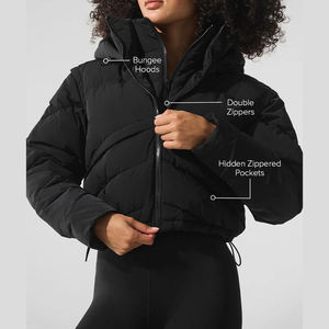 Women's Black Quilted Puffer Jacket Full Sleeve Stand Collar Zipper Closure <b>Thick</b> Polyester Wadding <b>Winter</b> <b>Coat</b> Short Length - Product Image 6